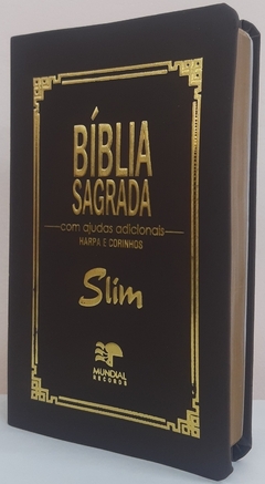 Bíblia slim ultrafina com ajudas adicionais e harpa - capa luxo marrom