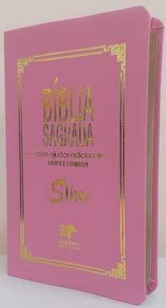 Bíblia slim ultrafina com ajudas adicionais e harpa - capa luxo rosa