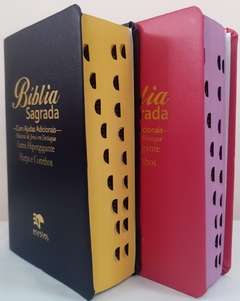 Bíblia do casal letra hipergigante com harpa capa luxo azul marinho + pink lisa