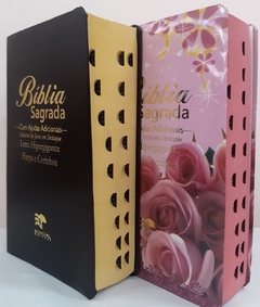 Bíblia do casal letra hipergigante com harpa capa luxo café + floral rosas