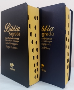 Bíblia do casal letra hipergigante com harpa capa luxo preta + azul marinho - comprar online