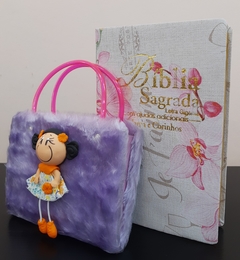 Kit bíblia sagrada mãe & filha - biblia capa luxo orquidea + biblia boneca lilas