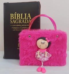 Kit bíblia sagrada pai & filha - biblia capa com ziper café + biblia boneca pink