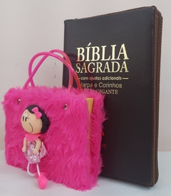 Kit bíblia sagrada mãe & filha - biblia capa com ziper café + biblia boneca pink - comprar online