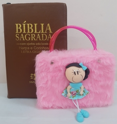 Kit bíblia sagrada mãe & filha - biblia capa com ziper caramelo + biblia boneca rosa