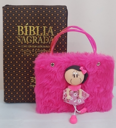 Kit bíblia sagrada mãe & filha - biblia capa com ziper marrom bolinhas + biblia boneca pink