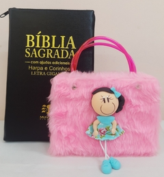 Kit bíblia sagrada mãe & filha - biblia capa com ziper preta + biblia boneca rosa