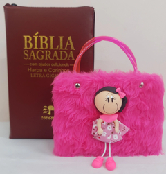 Kit bíblia sagrada pai & filha - biblia capa com ziper vinho + biblia boneca pink