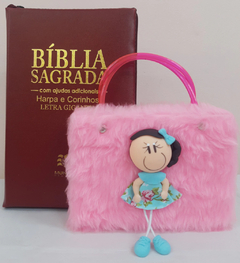 Kit bíblia sagrada pai & filha - biblia capa com ziper vinho + biblia boneca rosa