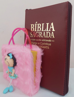 Kit bíblia sagrada pai & filha - biblia capa com ziper vinho + biblia boneca rosa - comprar online