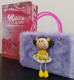 Kit bíblia sagrada mãe e filha - biblia capa luxo floral orquidea + biblia boneca lilas