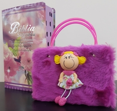 Kit bíblia sagrada mãe e filha - biblia capa luxo floral primavera + biblia boneca roxa