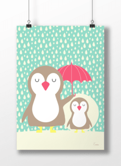 Pipa La Pingüina - Serie Gotas de Lluvia Rosa y Turquesa - Punto Eme Arte Impreso