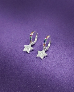 AR 776 - Aros de Plata 925 - Cubanos con microcubics de colores y dije estrella de micropave blancos (22 mm)