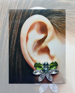 AR 809 - Aros Bijou - Brillo y Fiesta - AQUARIUS - Gotas verde seco, navets cristal y centro humo (3 cm) - comprar online