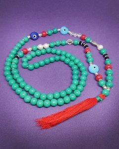 CO 673 - Collar de India - Japa Mala o Rosario budista con cuentas de acrílico turquesa, dijes y borla roja