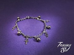 P 579 - Pulsera de Acero - Cadena (3 mm) con dijes de Llaves de la Vida y Bolitas (6 mm)