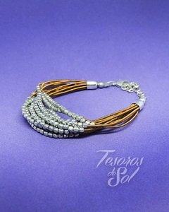 P 607 - Pulsera Alpaca India - Hilos dorados con cuentas plateadas (30 mm)