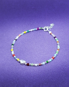 P 660 - Pulsera de Plata 925 - Con Cristalitos de Colores y Bolitas de plata y Dije Corazón