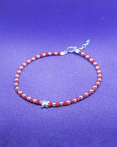 P 660 - Pulsera de Plata 925 - Con Cristalitos Rojos, Bolitas de plata y Dije Estrella