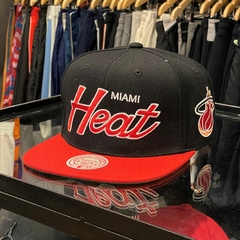 Mitchell & Ness Miami Heat Black/Red Flat Script Snapback Hat