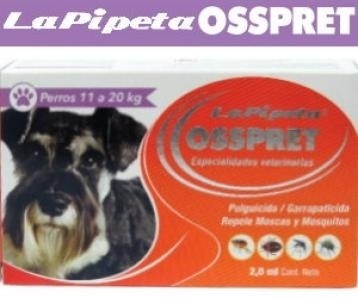 PIPETA PARA PERROS DE 11 A 20 Kg MARCA OSSPRET PULGICIDA GARRAPATICIDA REPELENTE DE MOSCAS Y MOSQUITOS