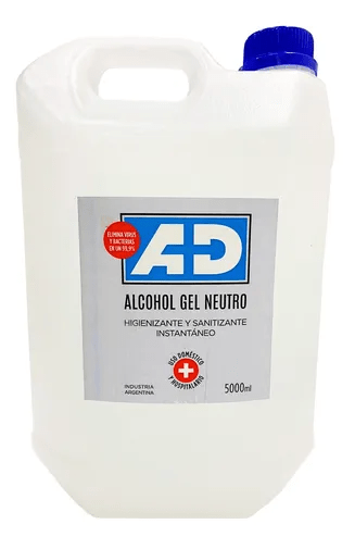 ALCOHOL EN GEL * ANTIBACTERIAL, NEUTRO , SANITIZANTE BIDON DE 5000 ml. MARCA AD