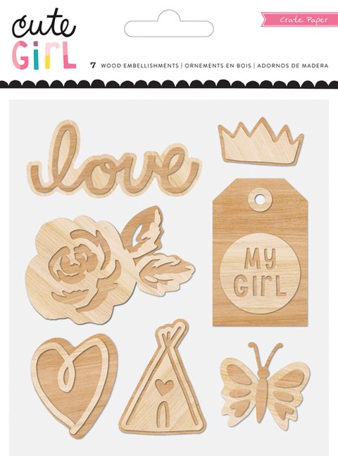 CRATE PAPER COLECCION CUTE GIRL 7 FORMAS DECORATIVAS DE MADERA DELGADA COLOR NATURAL