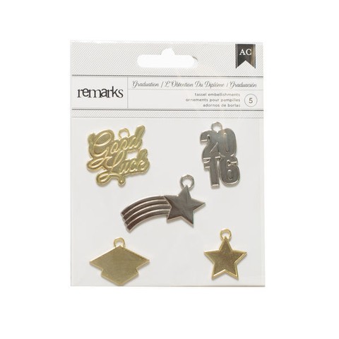 American Crafts Remarks Graduation Metal Embellishments x 5 / Adornos colgantes de metal motivo Graduación x 5 unidades