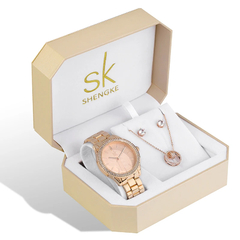 Kit Relógio Feminino Luxuoso Shengke -Relógio, Brinco e Colar - loja online