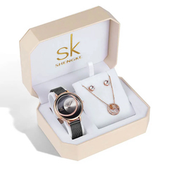 Kit Relógio Feminino Luxuoso Shengke -Relógio, Brinco e Colar