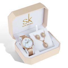 Kit Relógio Feminino Luxuoso Shengke -Relógio, Brinco e Colar