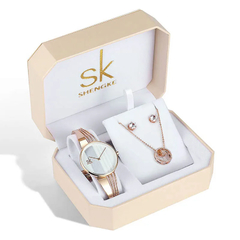 Kit Relógio Feminino Luxuoso Shengke -Relógio, Brinco e Colar