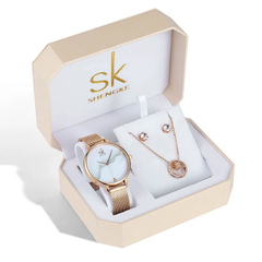 Kit Relógio Feminino Luxuoso Shengke -Relógio, Brinco e Colar