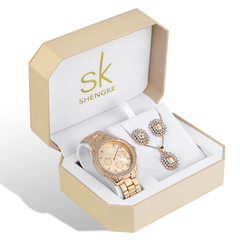 Kit Relógio Feminino Luxuoso Shengke -Relógio, Brinco e Colar