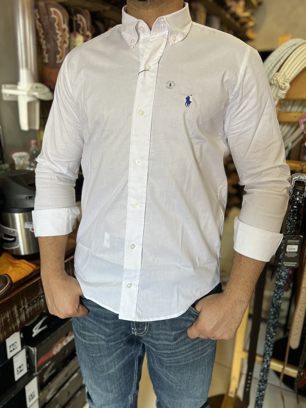 CAMISA RALPH LAUREN MANGA LONGA BRANCA RLM80 CUSTOM FIT