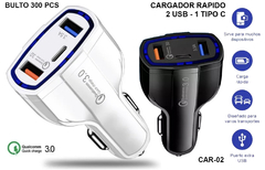 Cargador Rapido de Auto 12v - 3.1A 2 USB 1 TIPO C CAR-02