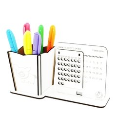 5 Calendário Infinito e Porta Canetas Personalizado Mdf Branco - Porco