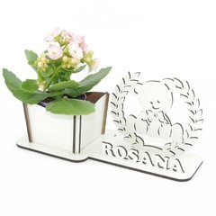 Porta Flores Display Nome Personalizado MDF Branco - Urso Lacinho