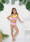 Bikini de nena con volado en tricot liso y estampado. Art 579