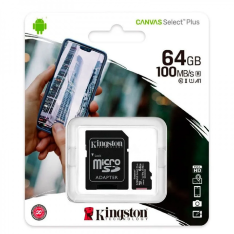 TARJETA DE MEMORIA MICRO SD 64GB 100MB/S CLASE 10 KINGSTON ORIGINAL CANVAS SELECT PLUS CON ADAPTADOR SD