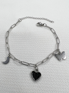 Pulsera dije mariposa, corazón negro y luna acero quirúrgico