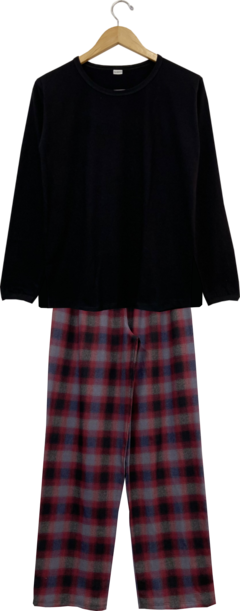 Pijama Feminino Longo Flanela Xadrez Marinho - Malhafil - Bordado Inglês