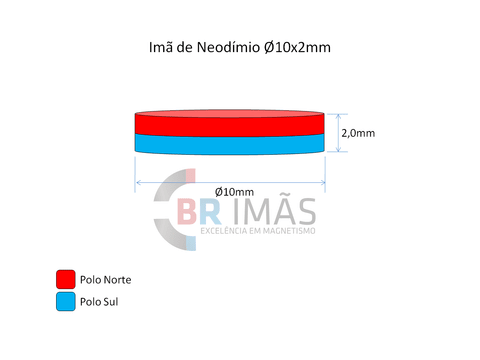 Imã Neodímio N35 Ø10x2mm - Disco - Br Imãs