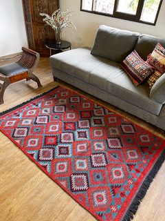 Tapete Kilim Diseño Antep 120x180 cm - Dodurga Turquesa con naranja APM102384 - comprar online