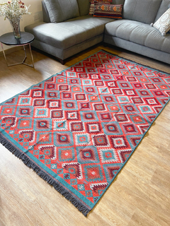 Tapete Kilim Diseño Antep 250x160 cm - Dodurga Turquesa con naranja APM189600