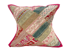 Forro de cojin patchwork cuadrado bordado de la India - Fucsia DAPM15600