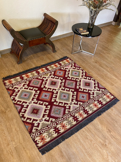 Tapete Kilim Diseño Antep 120x100 cm - Gobeklitepe Beige con vino tinto APM56880 en internet