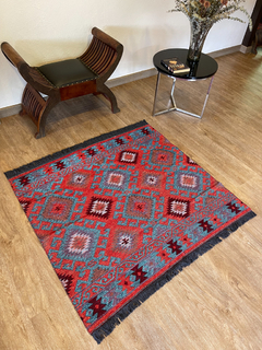 Tapete Kilim Diseño Antep 120x100 cm - Gobeklitepe Turquesa con naranja APM43500 - comprar online