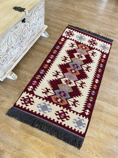 Tapete Kilim Diseño Antep 120x60 cm - Karesi Beige con vino tinto APM34128